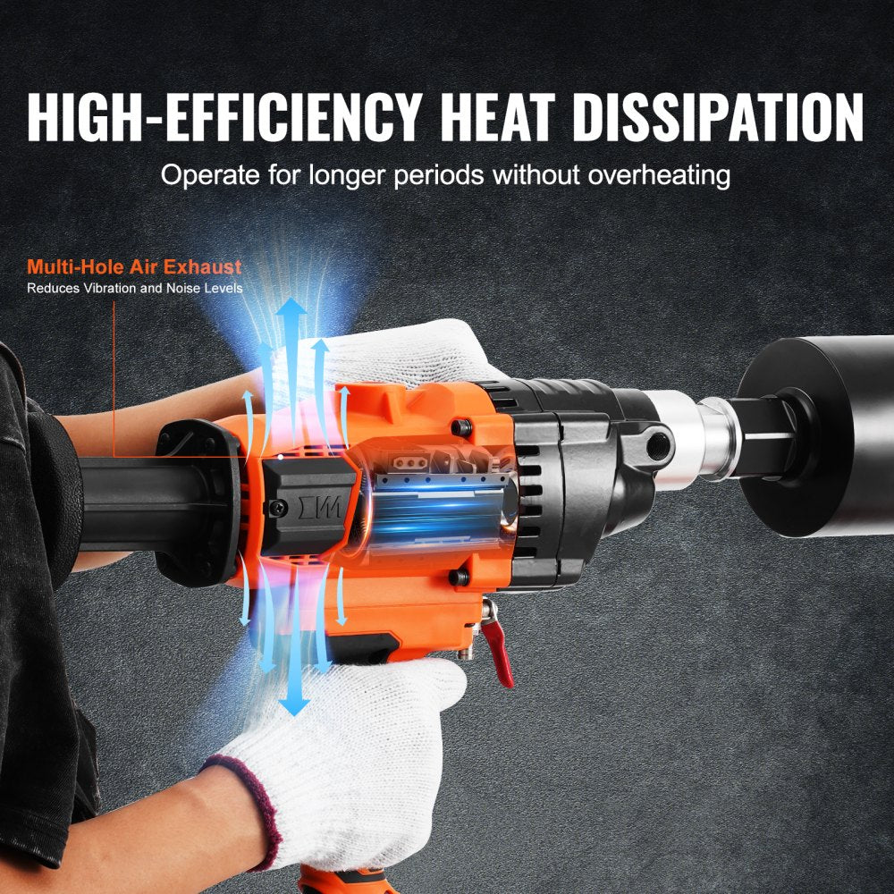 Orange handheld core drill machine with multi-hole air exhaust for heat dissipation and vibration reduction, held by gloved hands.