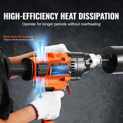 Orange handheld core drill machine with multi-hole air exhaust for heat dissipation and vibration reduction, held by gloved hands.