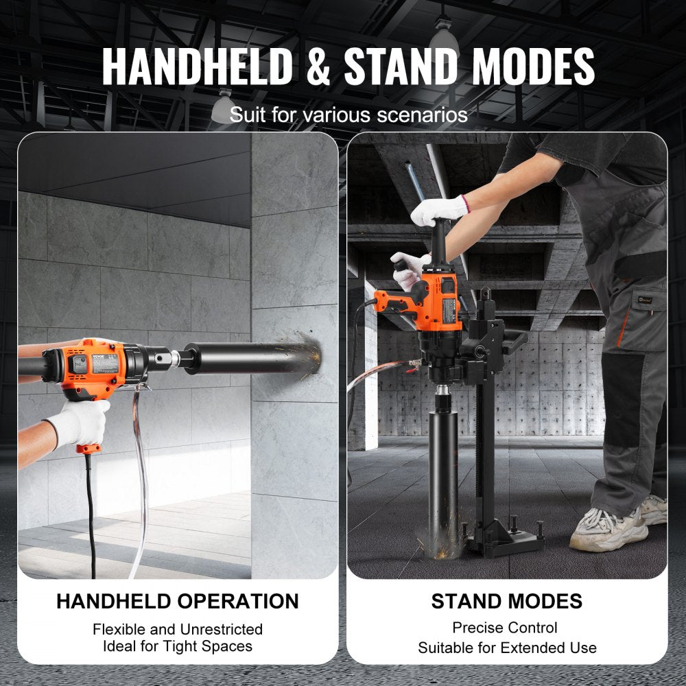 Handheld and stand modes of a 2000W core drill machine for drilling 0.8-6.3 inch holes.