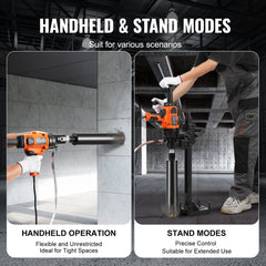 Handheld and stand modes of a 2000W core drill machine for drilling 0.8-6.3 inch holes.