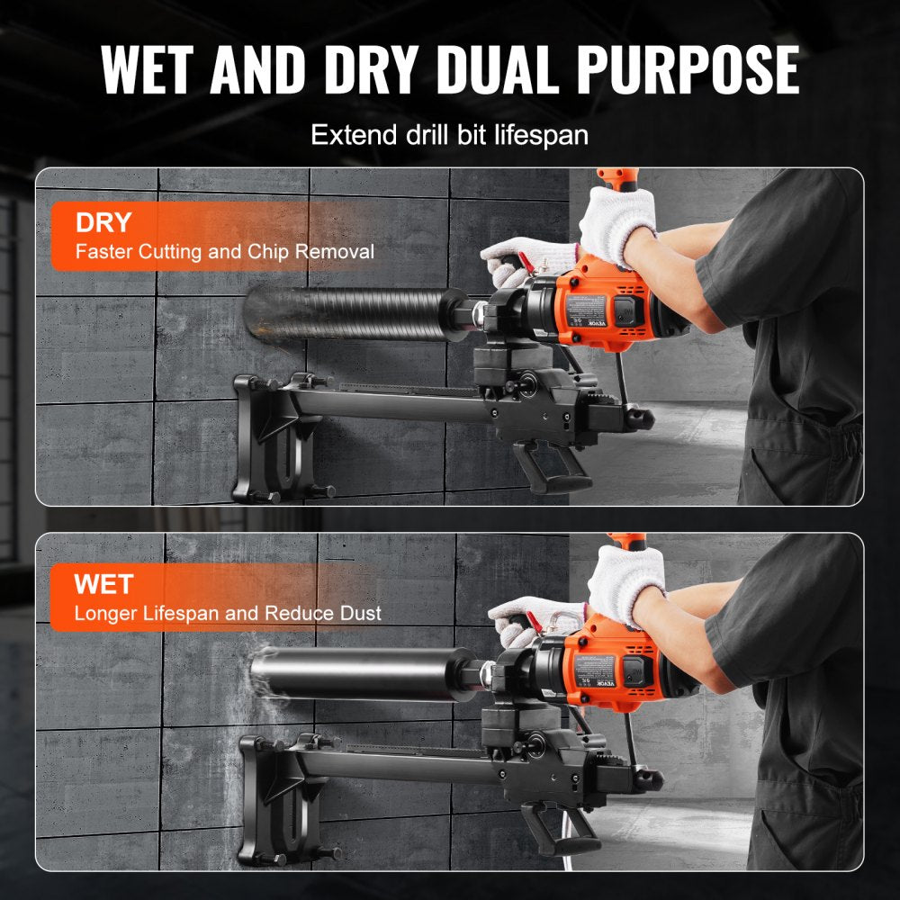 Handheld 2000W core drill machine with stand, shown in wet and dry cutting modes on concrete.