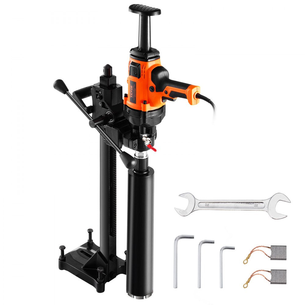 Orange 2000W core drill machine with black stand, handheld grip, and included accessories.