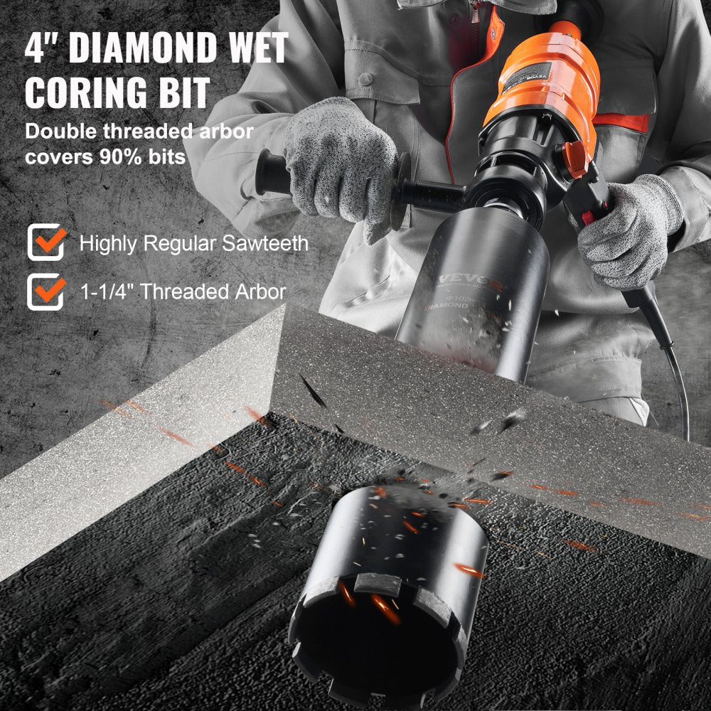 Handheld Bostome 4in wet diamond core drill rig with dual-speed and water connector features.