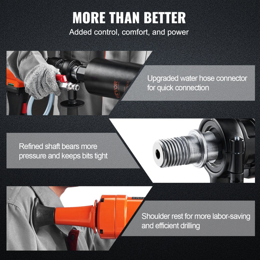 Handheld Bostome 4in wet diamond core drill rig with dual-speed and water connector.
