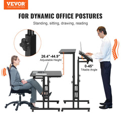 Mobile Standing Desk, 26.4"-44.9" Gas-Spring Height Adjustable Sit-Stand Desk, Home Office Rolling Laptop Table 360° Swivel Wheels (4 Lockable), 0-45° Tillable Desktop, 2 Hooks, 40LBS Loading
