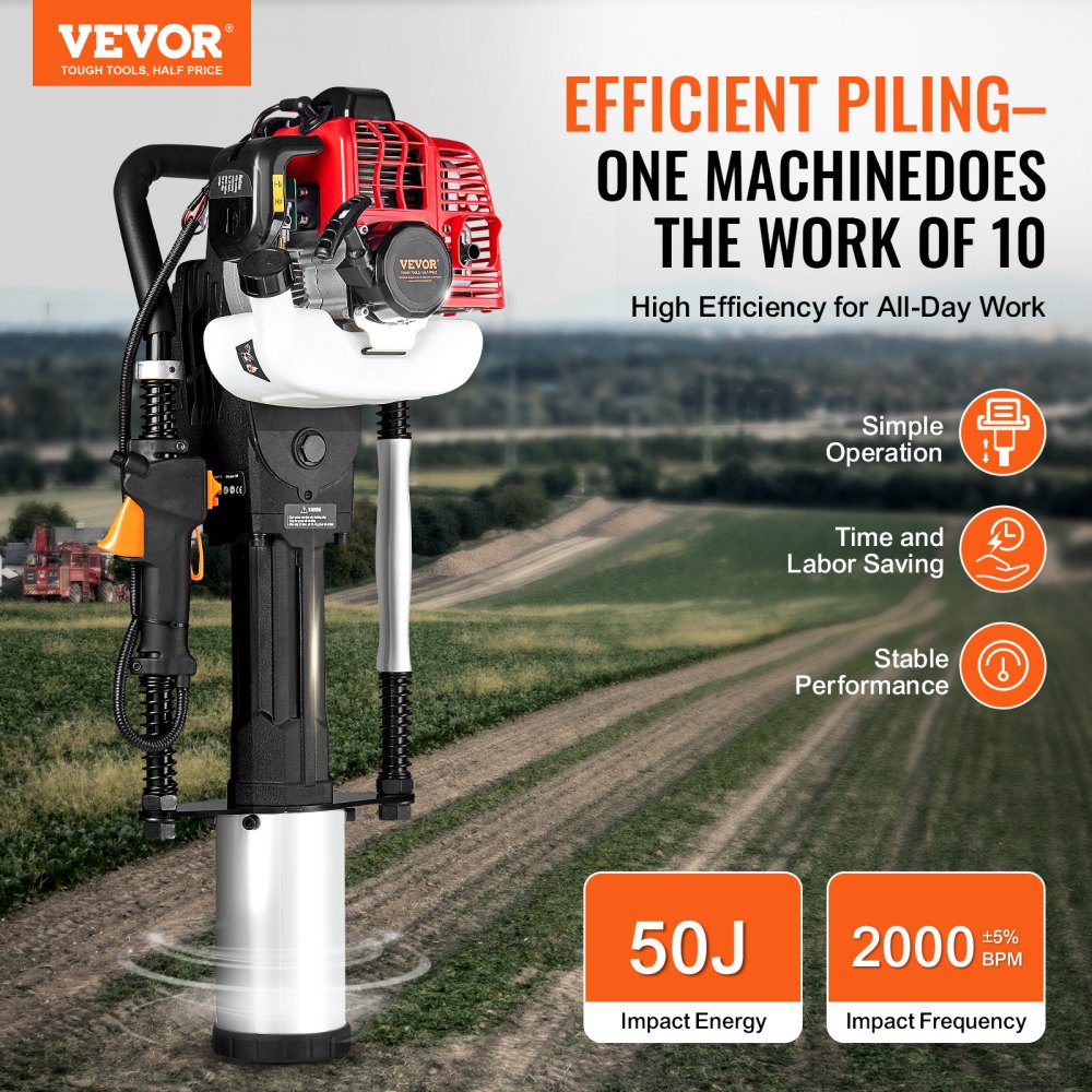 52cc Gas-Powered T Post Driver 2-Stroke Fence Piling Pounder w/ 3 Head