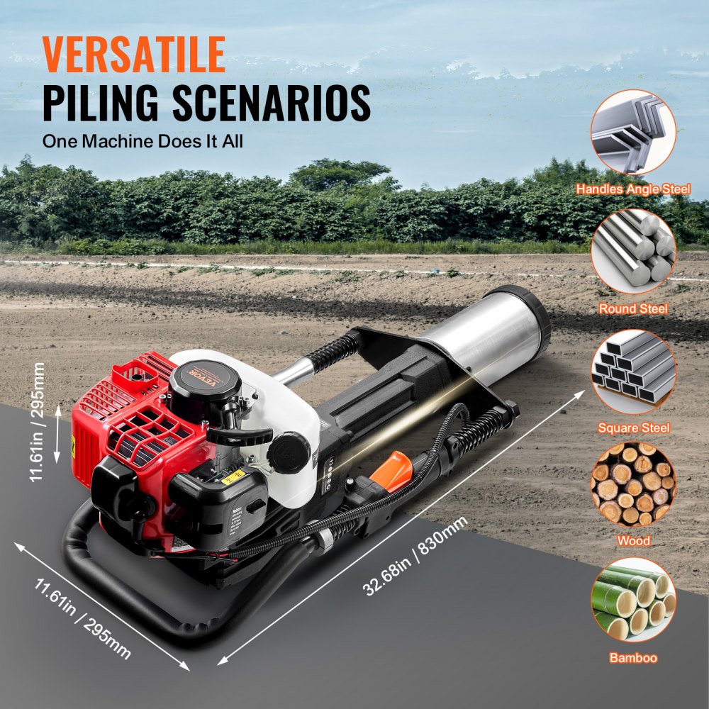 52cc Gas-Powered T Post Driver 2-Stroke Fence Piling Pounder w/ 3 Head