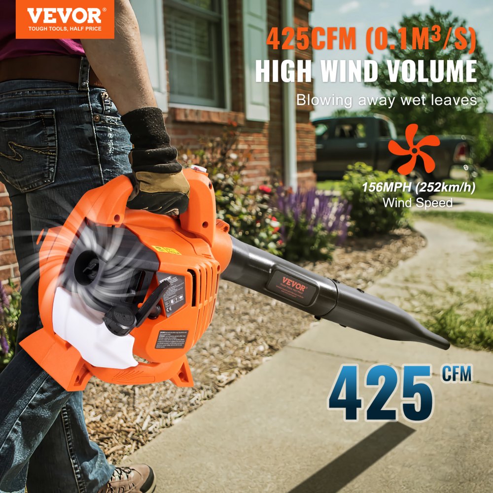 Leaf Blower, 26CC 2-Cycle Handheld Leaf Blower with A Fuel Tank, 2-in-1 Blower 425CFM Air Volume 156MPH Speed, Ideal for Lawn Care, Leaf Cleaning, and Snow Removal
