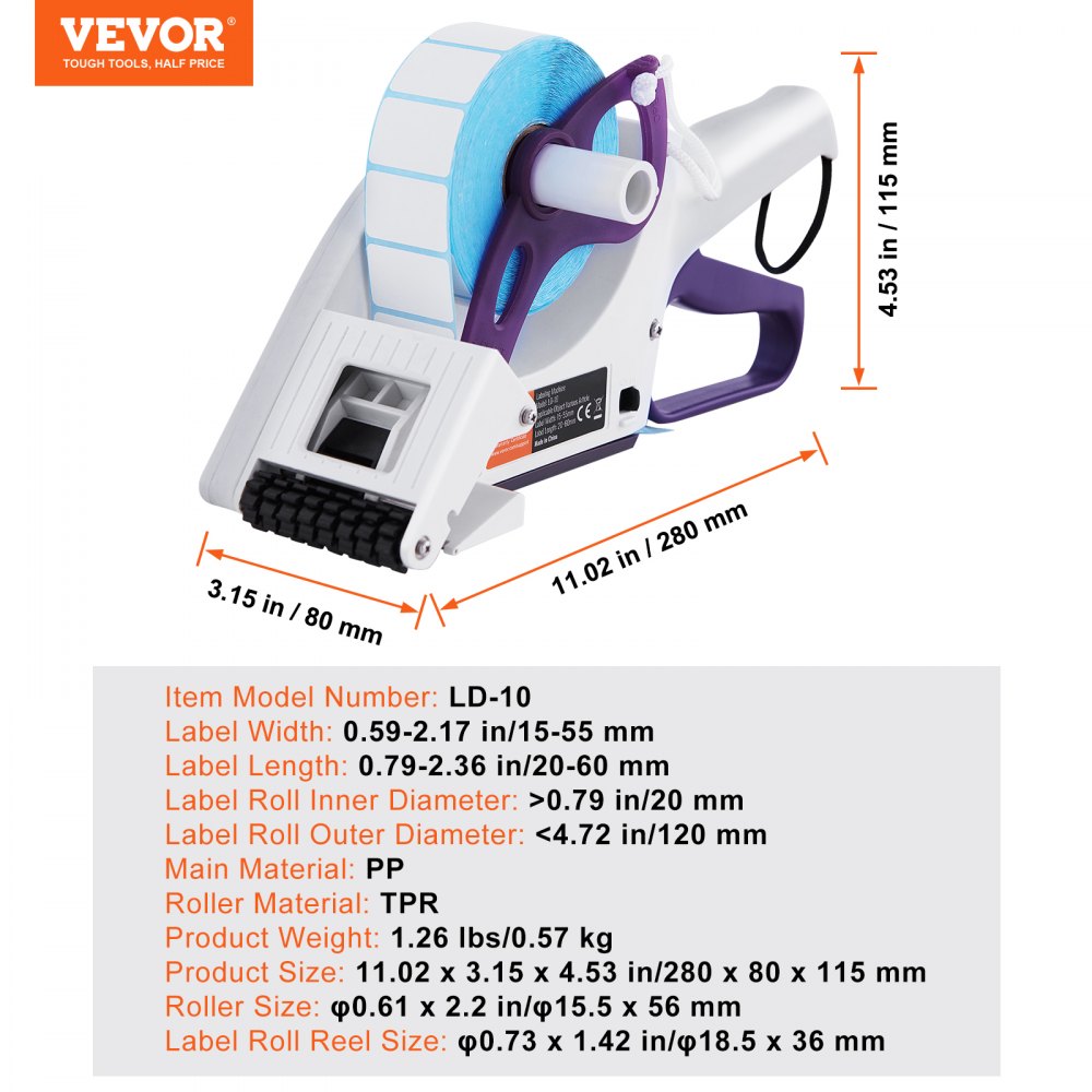 Manual Label Applicator, 0.59-2.17 inches Label Width, 0.79-2.36 inches Label Length, Portable Hand-Held Labeling Machine with Label Roll and TPR Roller for Round Bottles, Boxes, Fruits Labeling