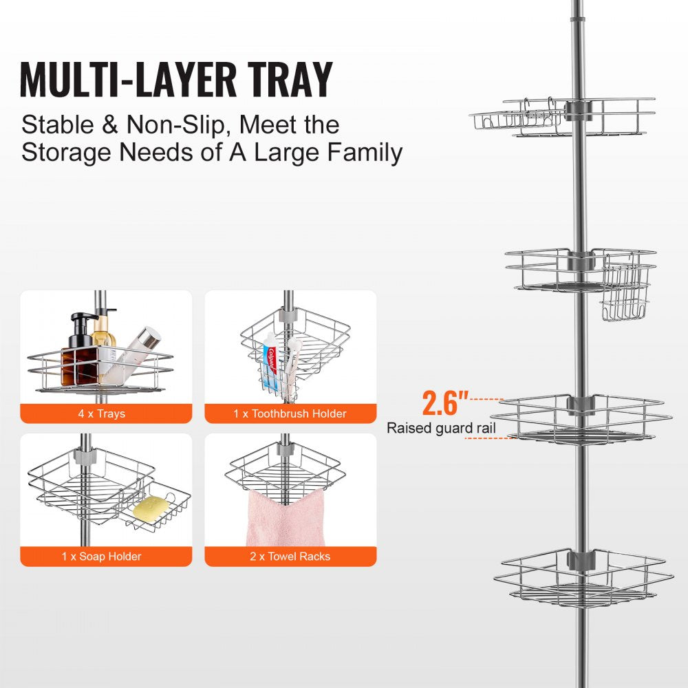 4-tier shower corner caddy with adjustable tension pole and rust-proof stainless steel design.