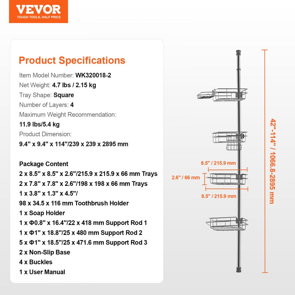 Bostome 4-tier shower corner caddy with rust-proof stainless steel and adjustable tension pole.