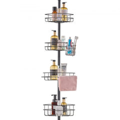 Stainless steel adjustable shower corner caddy with four trays and tension pole design.