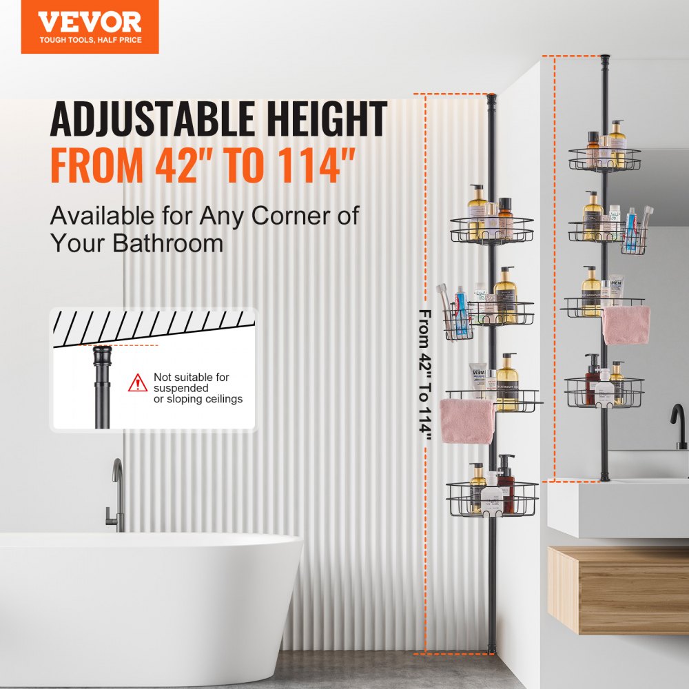 Stainless steel adjustable shower corner caddy with four trays and tension pole design.