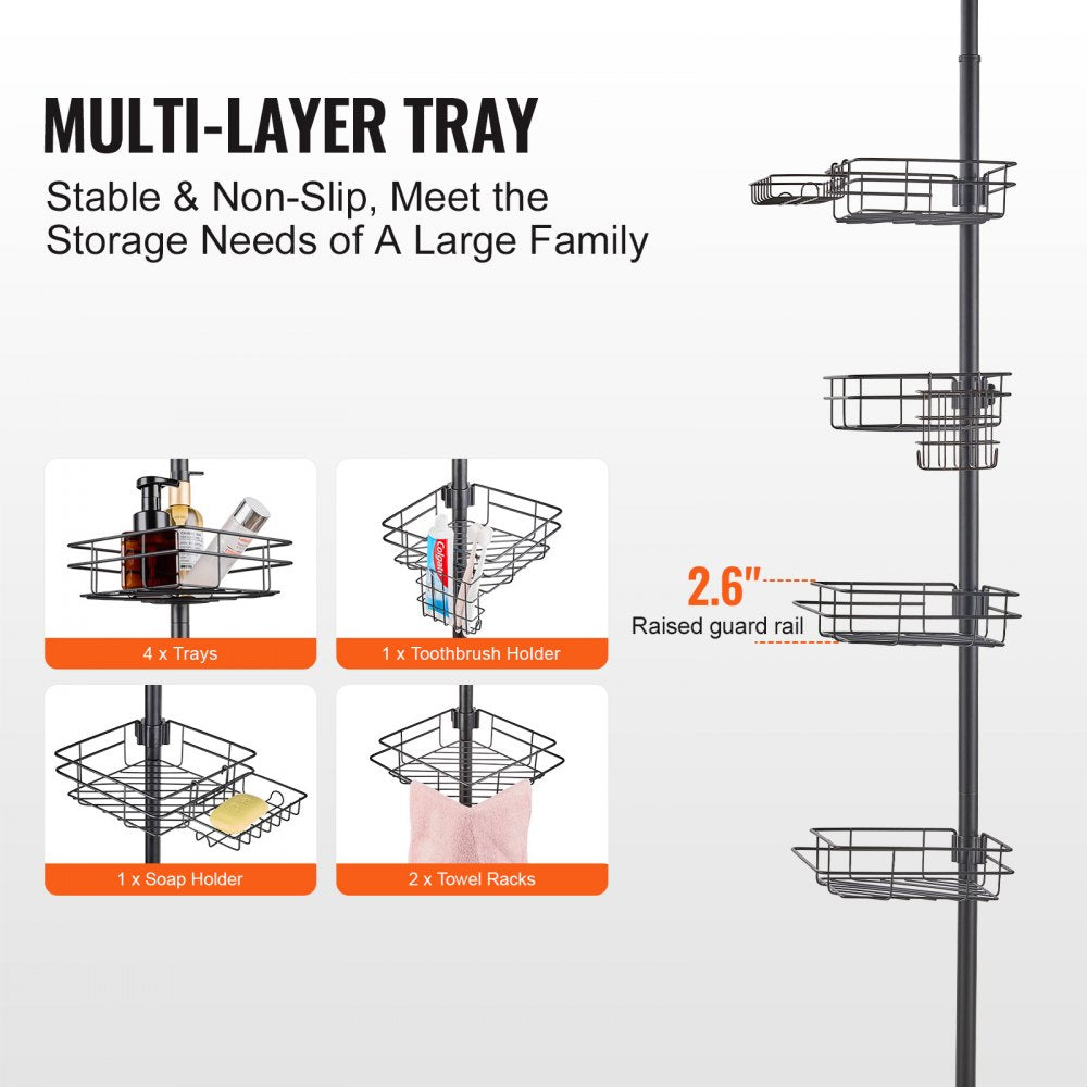 Adjustable stainless steel shower corner caddy with four trays and tension pole design.