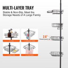Adjustable stainless steel shower corner caddy with four trays and tension pole design.