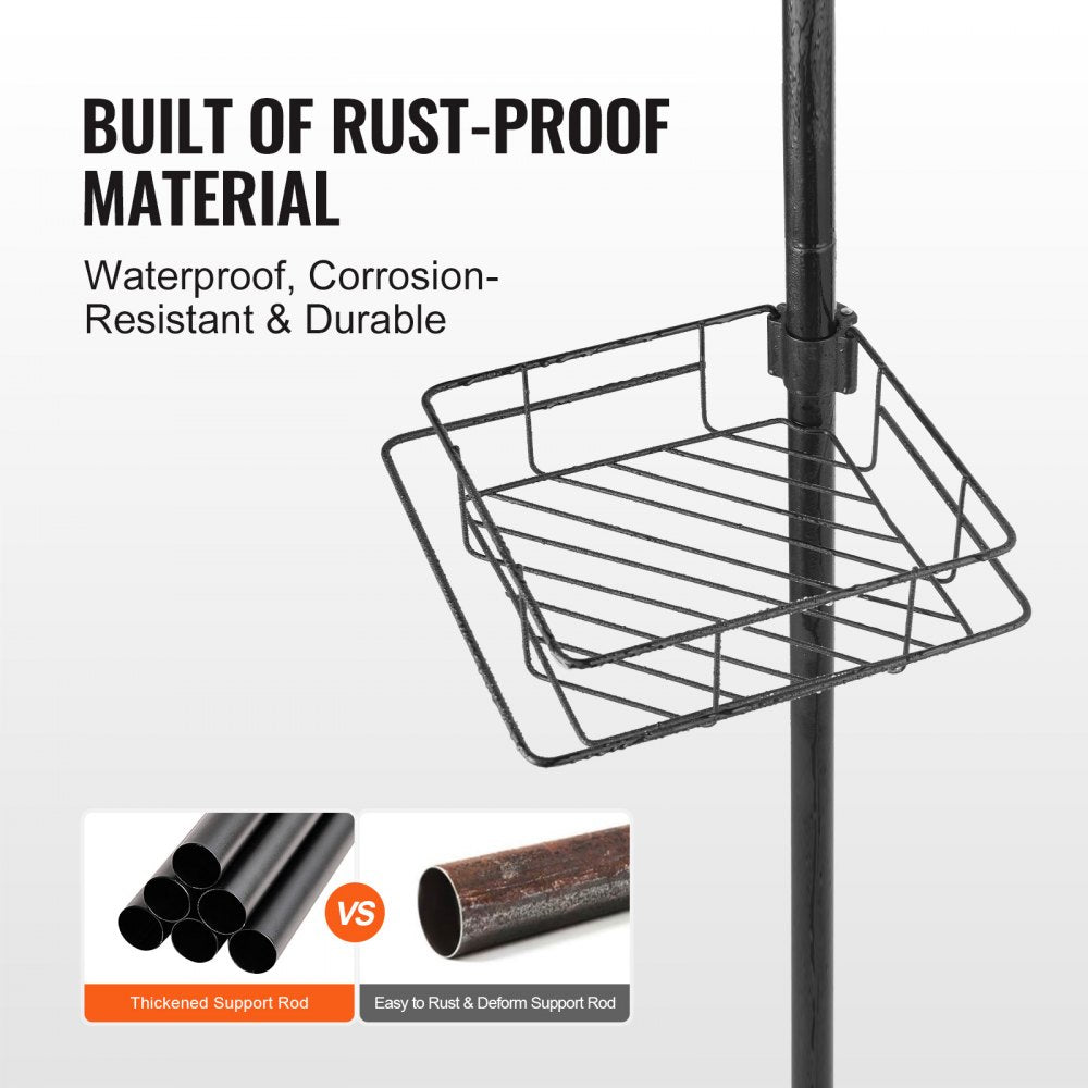 Stainless steel adjustable shower corner caddy with four trays and tension pole design.