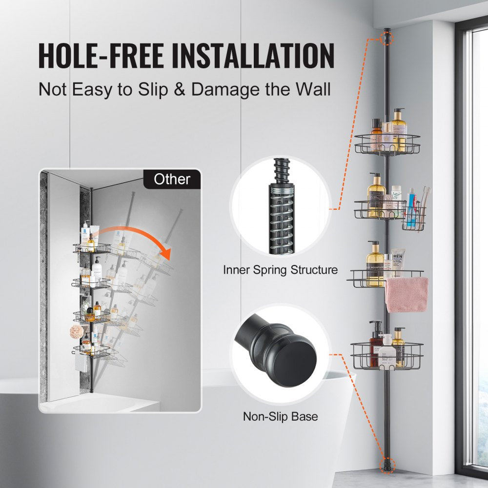 Stainless steel adjustable shower corner caddy with four trays and tension pole design.