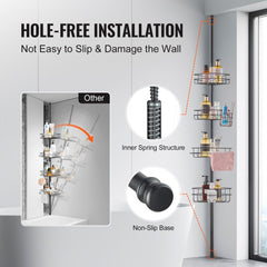 Stainless steel adjustable shower corner caddy with four trays and tension pole design.