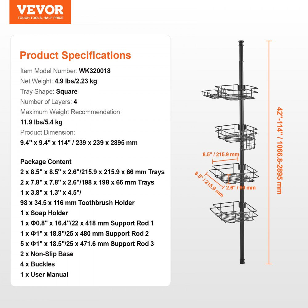 Adjustable stainless steel shower corner caddy with four trays and tension pole design.
