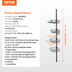 Adjustable stainless steel shower corner caddy with four trays and tension pole design.