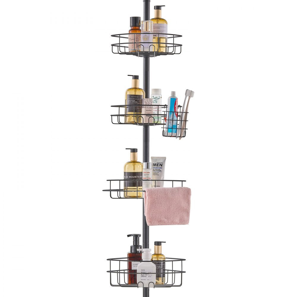 Stainless steel adjustable shower corner caddy with four trays and tension pole design.