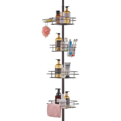 4-tier stainless steel shower corner caddy with adjustable tension pole and multiple storage trays.