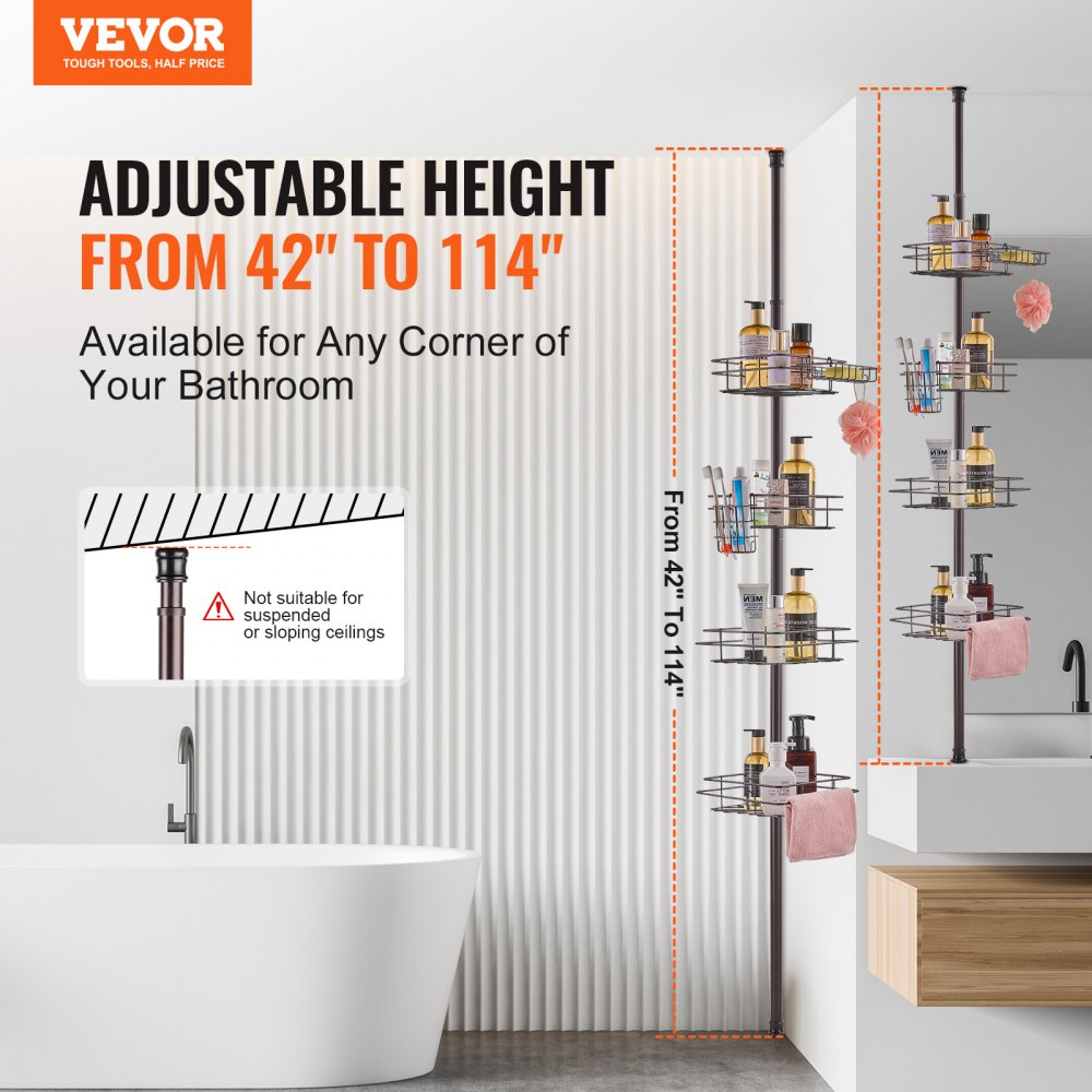 4-tier stainless steel shower corner caddy with adjustable tension pole and storage trays.