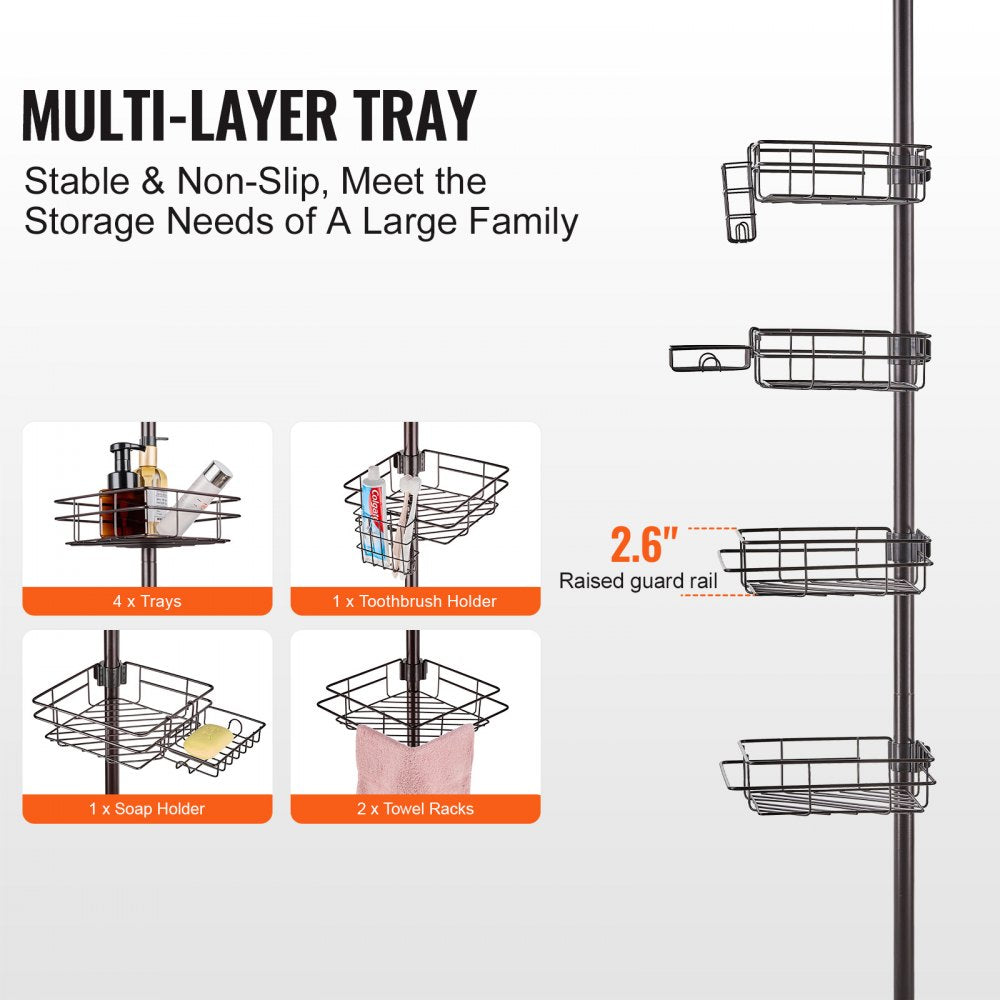 Stainless steel 4-tier shower corner caddy with adjustable tension pole and secure trays.