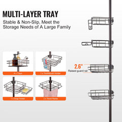 Stainless steel 4-tier shower corner caddy with adjustable tension pole and secure trays.