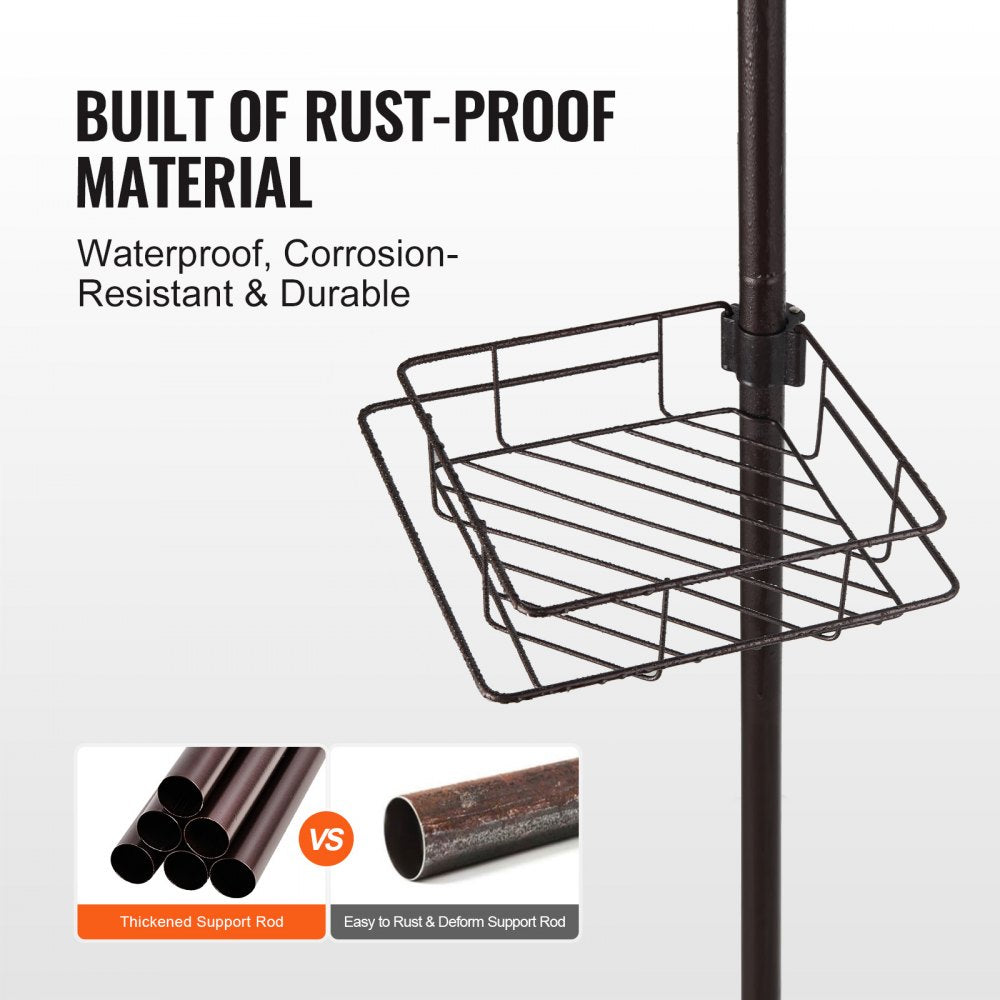 Stainless steel 4-tier shower corner caddy with adjustable tension pole and accessory trays.