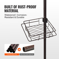 Stainless steel 4-tier shower corner caddy with adjustable tension pole and accessory trays.