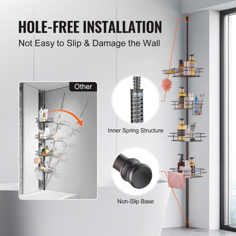 Four-tier stainless steel shower corner caddy with adjustable tension pole and secure trays.