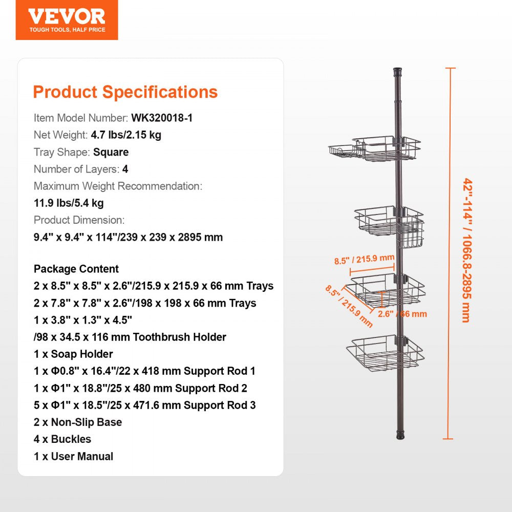 Stainless steel 4-tier shower corner caddy with adjustable tension pole and secure trays.