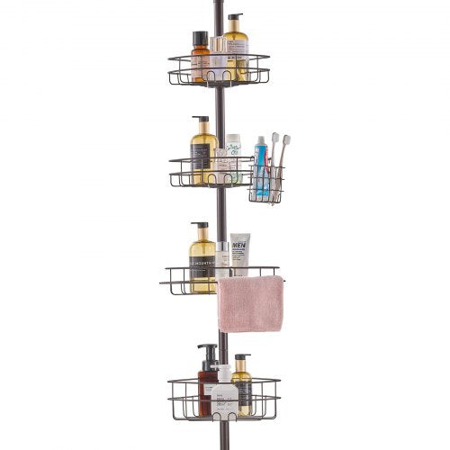 Adjustable stainless steel shower corner caddy with four baskets, toothbrush holder, and towel rack.