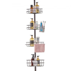 Adjustable stainless steel shower corner caddy with four baskets, toothbrush holder, and towel rack.