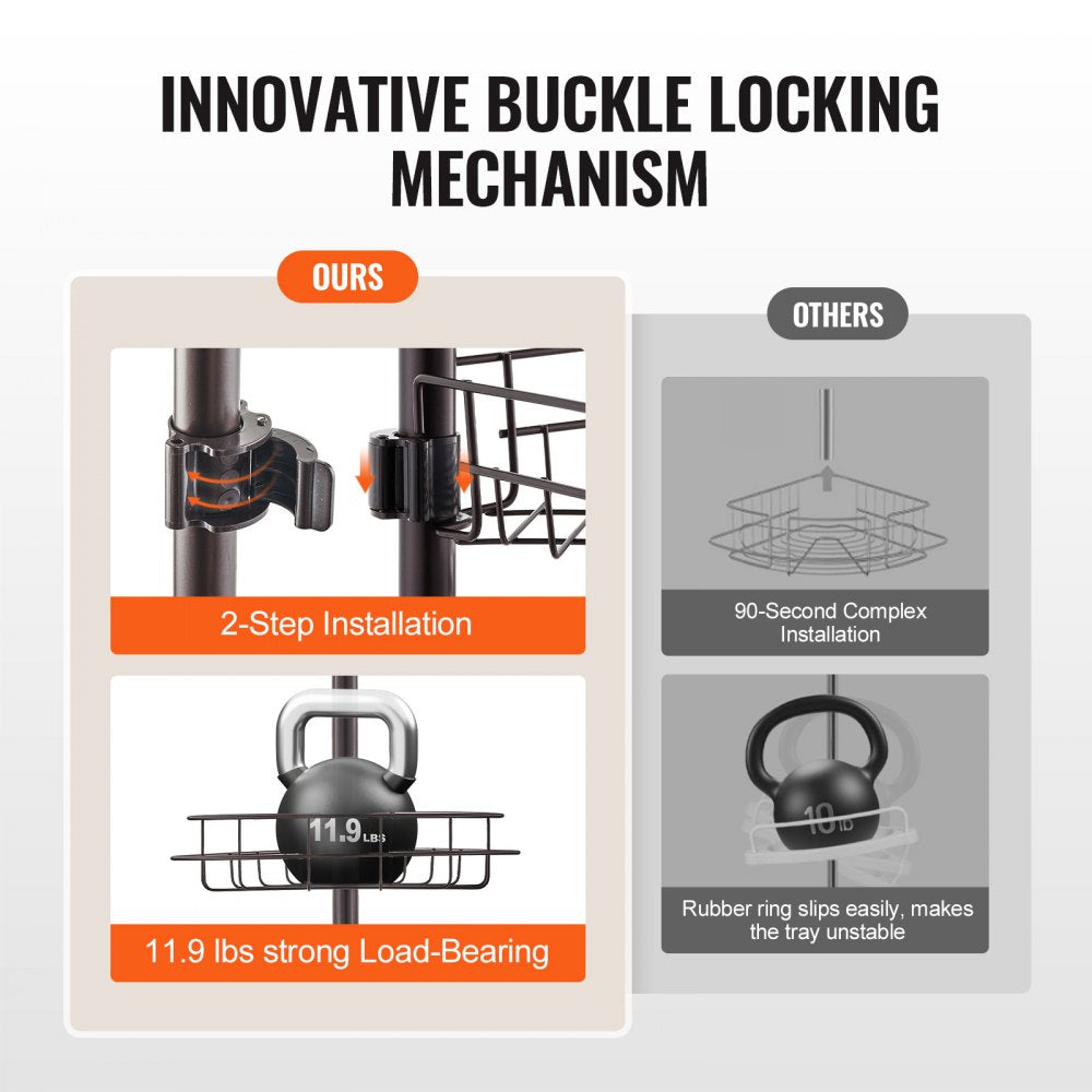 Bostome shower caddy with adjustable pole, buckle locking trays, and strong load-bearing capacity.