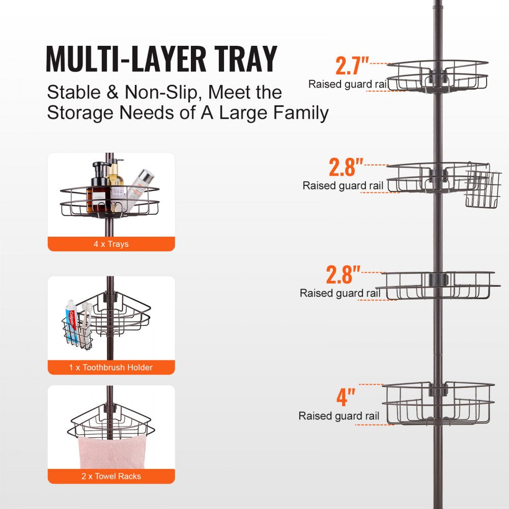 Adjustable stainless steel shower caddy with four trays, toothbrush holder, and towel racks on tension pole.