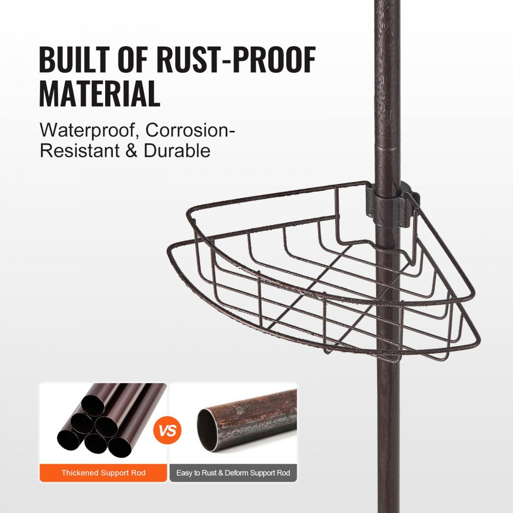 Rust-proof stainless steel adjustable shower corner caddy with tension pole and multiple wire shelves.