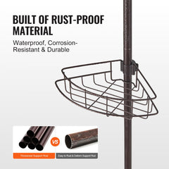 Rust-proof stainless steel adjustable shower corner caddy with tension pole and multiple wire shelves.
