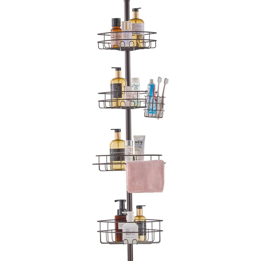 Adjustable stainless steel shower corner caddy with four baskets, toothbrush holder, and towel rack.