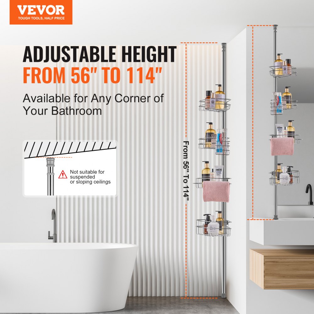 Adjustable Bostome shower corner caddy with four trays and a towel rack in rust-proof stainless steel.