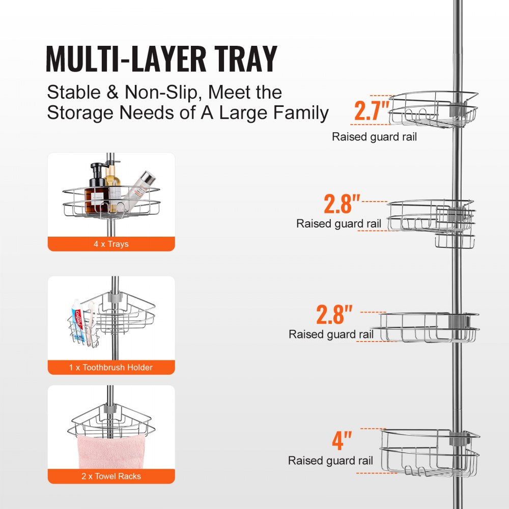 Bostome shower corner caddy with four trays, toothbrush holder, and towel rack on a tension pole.