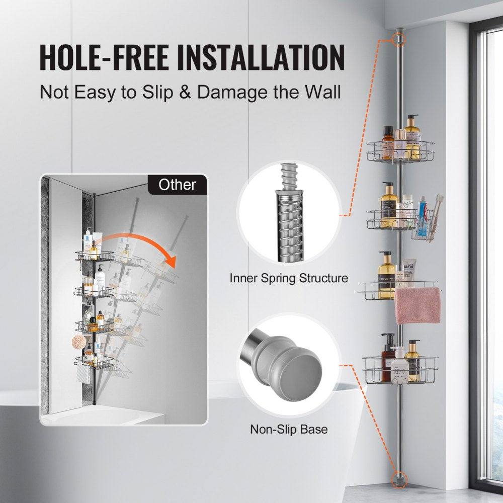 Adjustable Bostome shower corner caddy with four trays and towel rack in rust-proof stainless steel.