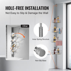 Adjustable Bostome shower corner caddy with four trays and towel rack in rust-proof stainless steel.