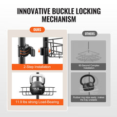 Adjustable Bostome shower corner caddy with four trays and a towel rack for organized storage.