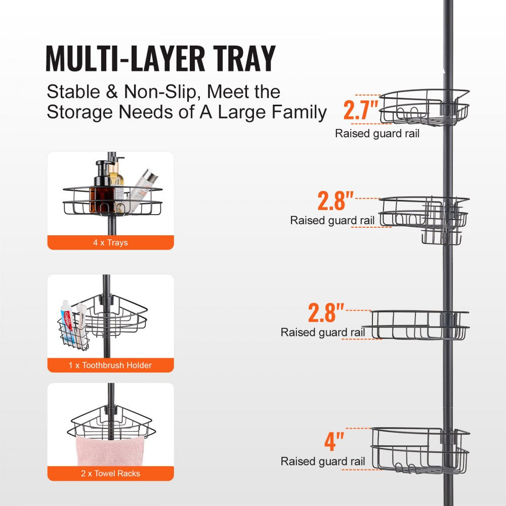 Bostome Shower Corner Caddy features four trays, a toothbrush holder, and a towel rack.