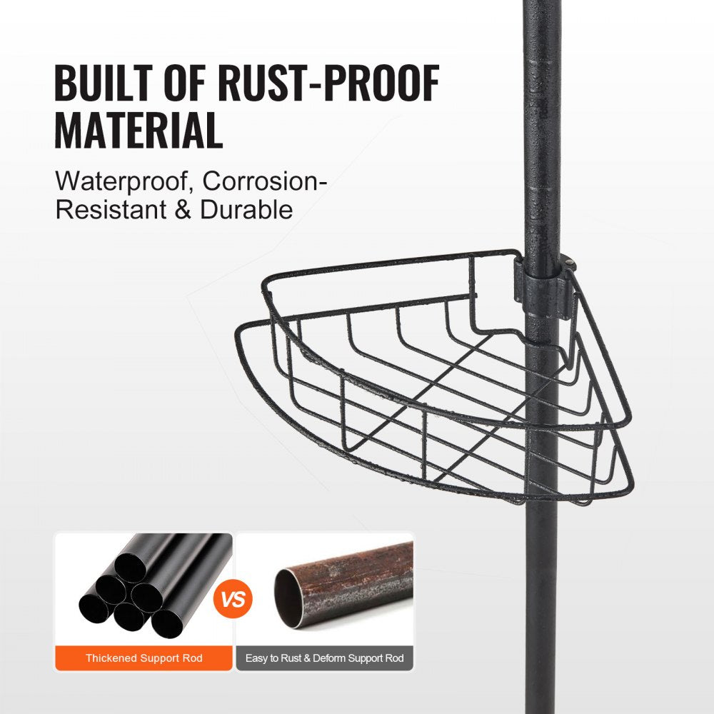 Bostome Shower Corner Caddy with four trays, toothbrush holder, and towel rack on a tension pole.