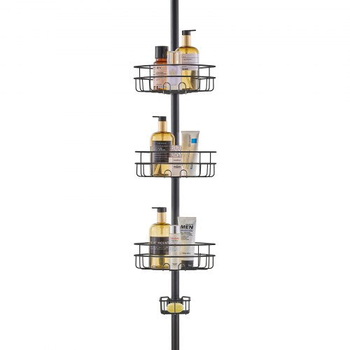 Adjustable stainless steel shower caddy tension pole with three wire baskets holding toiletries.