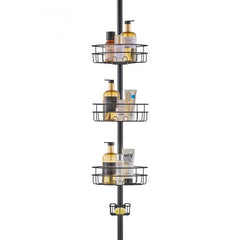 Adjustable stainless steel shower caddy tension pole with three wire baskets holding toiletries.