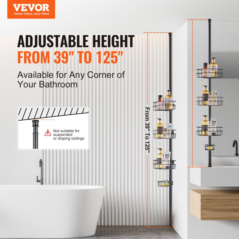 Adjustable stainless steel shower corner caddy tension pole from 39 to 125 inches with multiple trays.